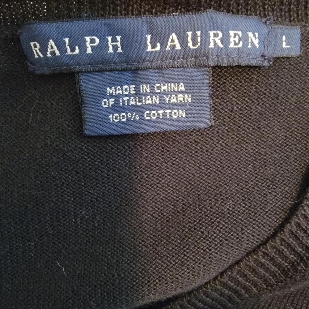 Ralph Lauren Blue Label Italian Yarn 100% Cotton Black V Neck Sweater Size L - Picture 4 of 5